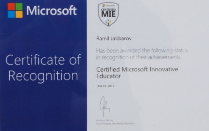 UNEC-in müəllimi “Microsoft”un “İnnovativ müəllim” sertifikatını qazanıb 