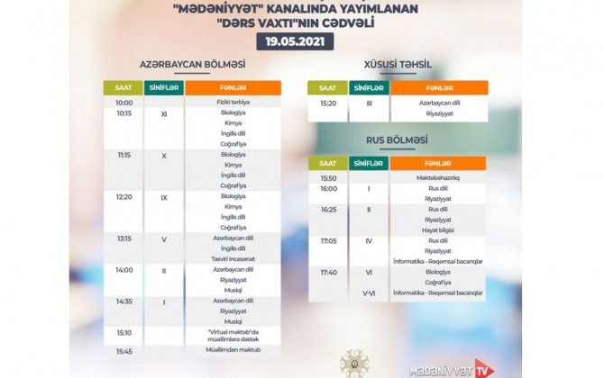 В Азербайджане опубликовано расписание школьных телеуроков на 19 мая