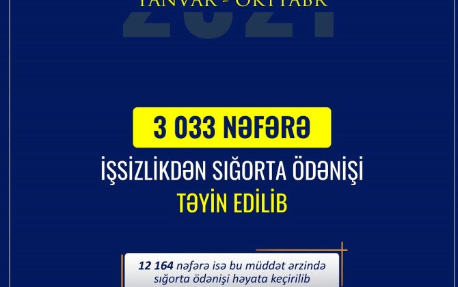Bu ilin 10 ayında 3 033 nəfərə işsizlikdən sığorta ödənişi təyin edilib