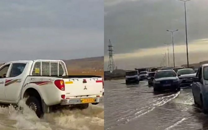 Azərbaycanda magistral yolu su basdı - VİDEO