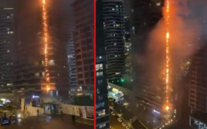 İstanbulun ən hündür binalarından birində güclü yanğın olub