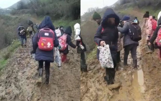 Lənkəranda dizə qədər palçıq olan məktəb yolu - VİDEO