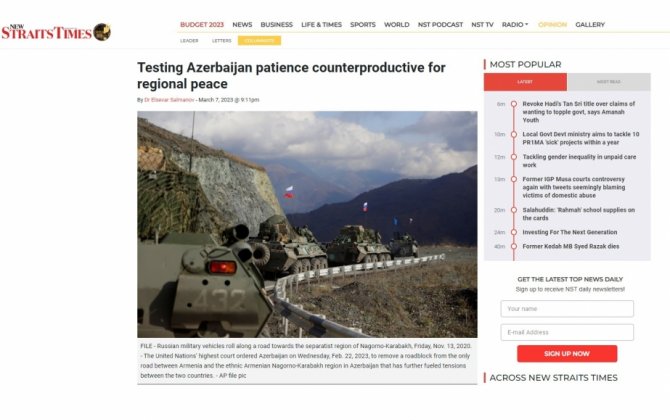 “New Strait Times”: Azərbaycanın səbrini sınamaq regional sülh üçün səmərəli deyil
