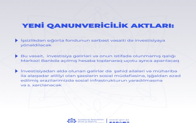 İşsizlikdən sığorta fondunun sərbəst vəsaiti də investisiyaya yönəldiləcək