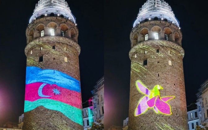 İstanbuldakı Qalata qülləsi Azərbaycan bayrağı rənglərində işıqlandırılıb - FOTO/VİDEO