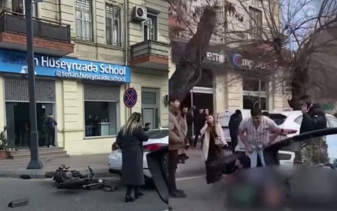 Bakıda ağır qəza: Avtomobil motosikletçini bir neçə metr irəli tullayıb - VİDEO