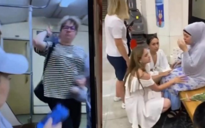 Moskva metrosunda qadın sərnişin bıçaqla hicablı həmcinsinə hücum etdi - VİDEO