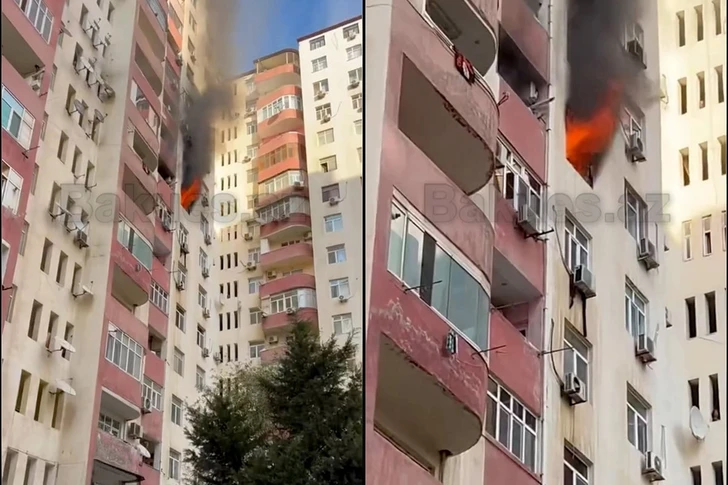 В жилом доме возле станции метро «Ази Асланов» произошел пожар-ВИДЕО