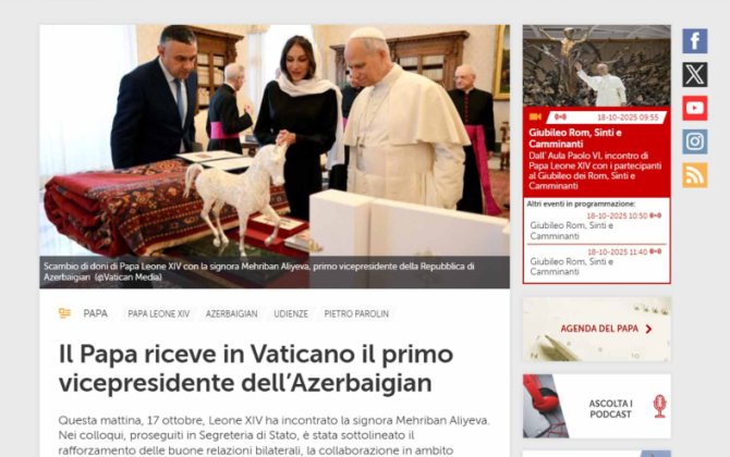 Vatikan və İtaliya mətbuatı Mehriban Əliyevanın Roma Papası ilə görüşünü geniş işıqlandırıb - FOTO