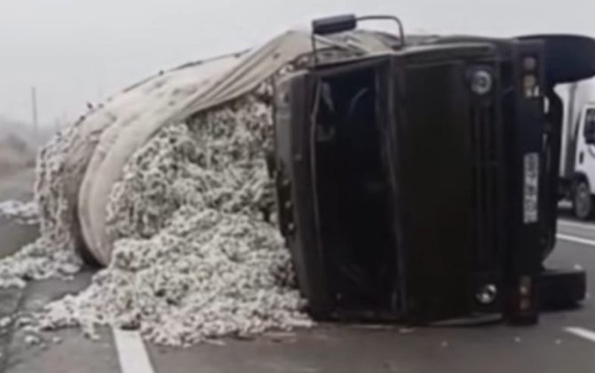 Ucarda pambıqla dolu yük maşını aşıb