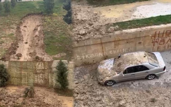 Bakıda poliklinikanın həyətində torpaq sürüşməsi - VİDEO