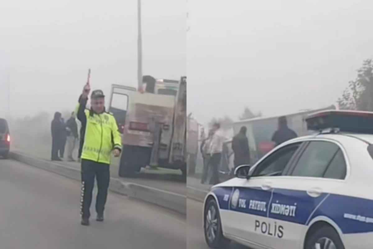 На трассе Баку - Шамахы перевернулся грузовик-ВИДЕО