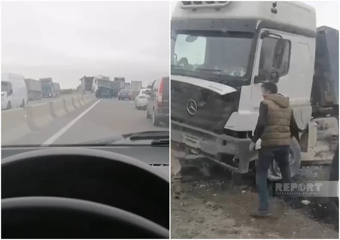 Yük maşını beton arakəsməyə çırpılıb - Yaralılar var