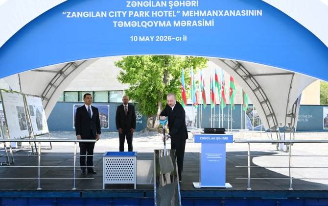 İlham Əliyev Zəngilanda “Zangilan City Park Hotel”in təməlini qoydu - FOTO