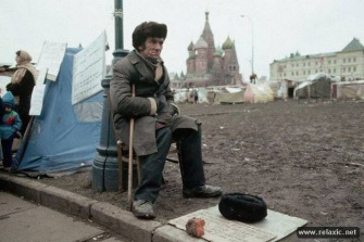 Homeless Soviet Man Sitting by Tent City