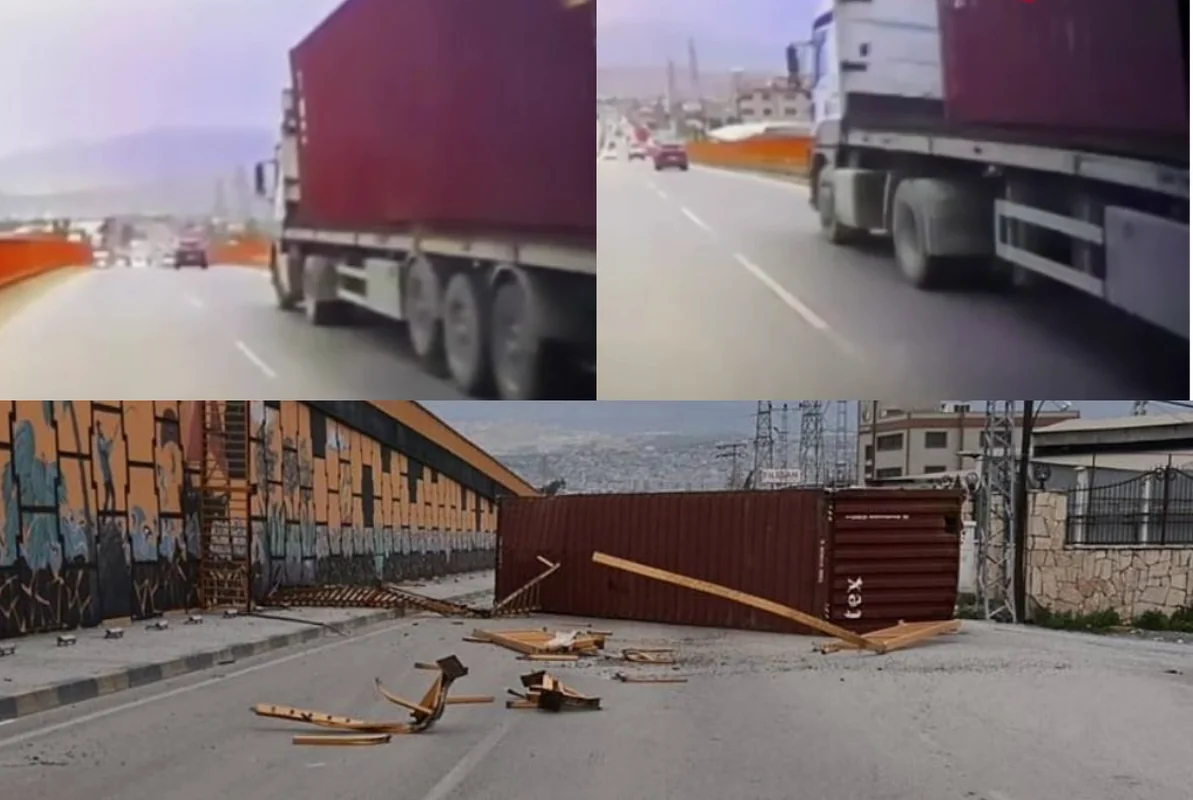 Güclü fırtına baş verdi - Yük maşınındakı konteyner uçdu - VİDEO