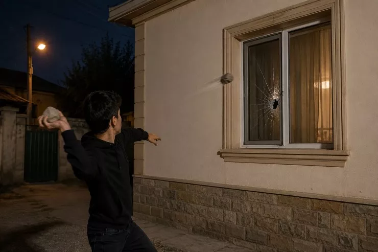 Azərbaycanda kuryoz OLAY: keçmiş nişanlısının evini daşa basdı