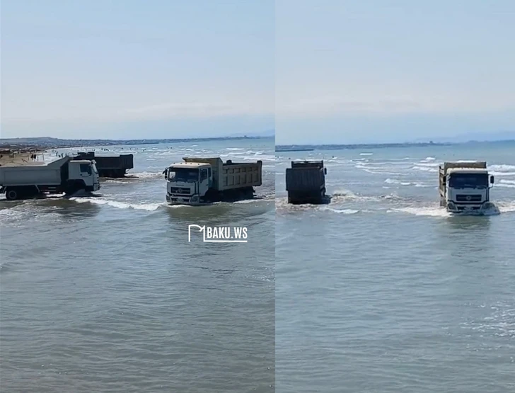 В Баку несколько грузовиков въехали в море и прокатились по пляжу-ВИДЕО