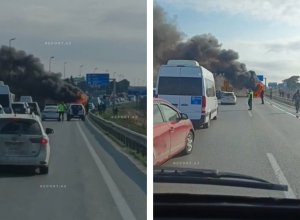 На Абшероне рядом с постом дорожной полиции загорелась маршрутка