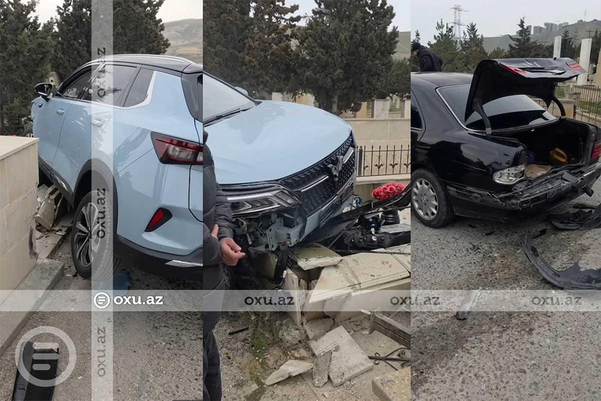В Баку столкнулись автомобили, один врезался в могилу - ВИДЕО