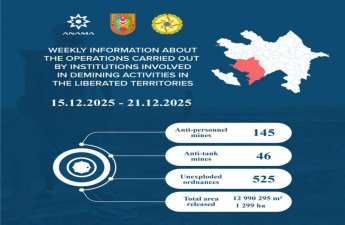 На освобожденных территориях Азербайджана обнаружена 191 мина, 525 боеприпасов