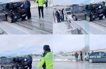 Bakı-Şamaxı yolu buz bağladı: İki avtomobil toqquşdu - VİDEO