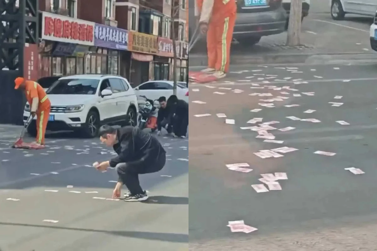 В Китае дорога в городе оказалась усеяна денежными купюрами, которые растащили прохожие - ВИДЕО